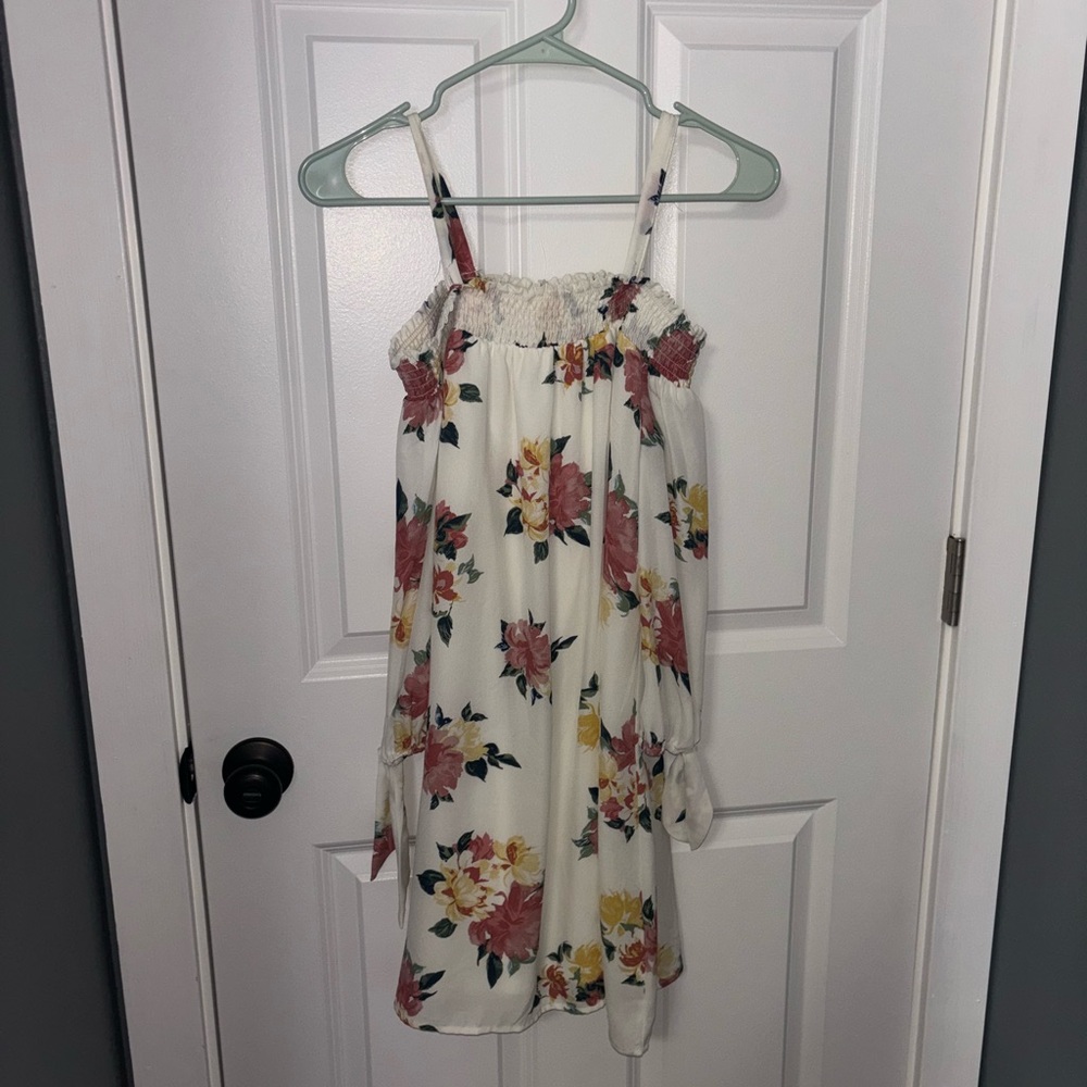 As U Wish Cream Floral Spaghetti-Strap Dress with Pink & Yellow Blooms
